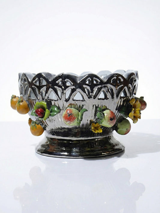 Vintage Servierschale aus silberglasierter Porzellan mit Durchbruchdekor Früchte Blumen