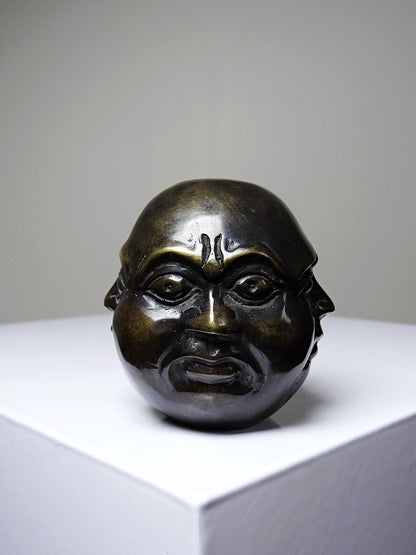 Vintage Buddha Kopf viergesichtig aus patiniertem Messing dunkelbraun gold Asien
