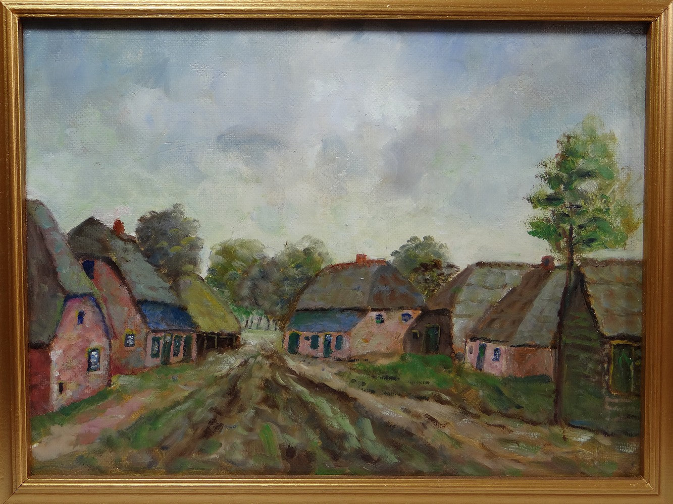 Vintage Gemälde Dorfszene auf Holztafel gerahmt