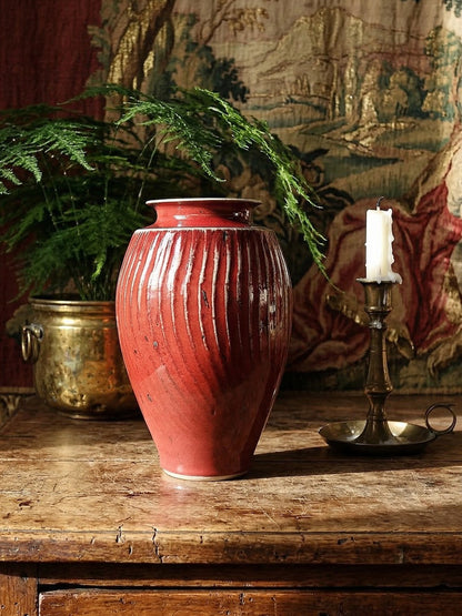 Vintage Vase Sang-de-bœuf Steinzeug, Rippen, Rot, Grau, Celadon