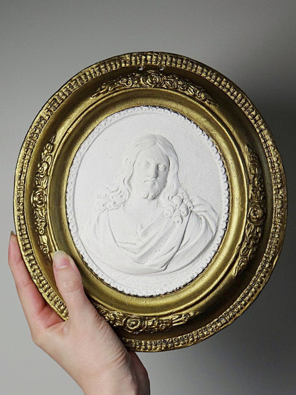 Vintage Wandmedaillon Christus Religiös Weiß Gold Rosa Plaster Dekoration