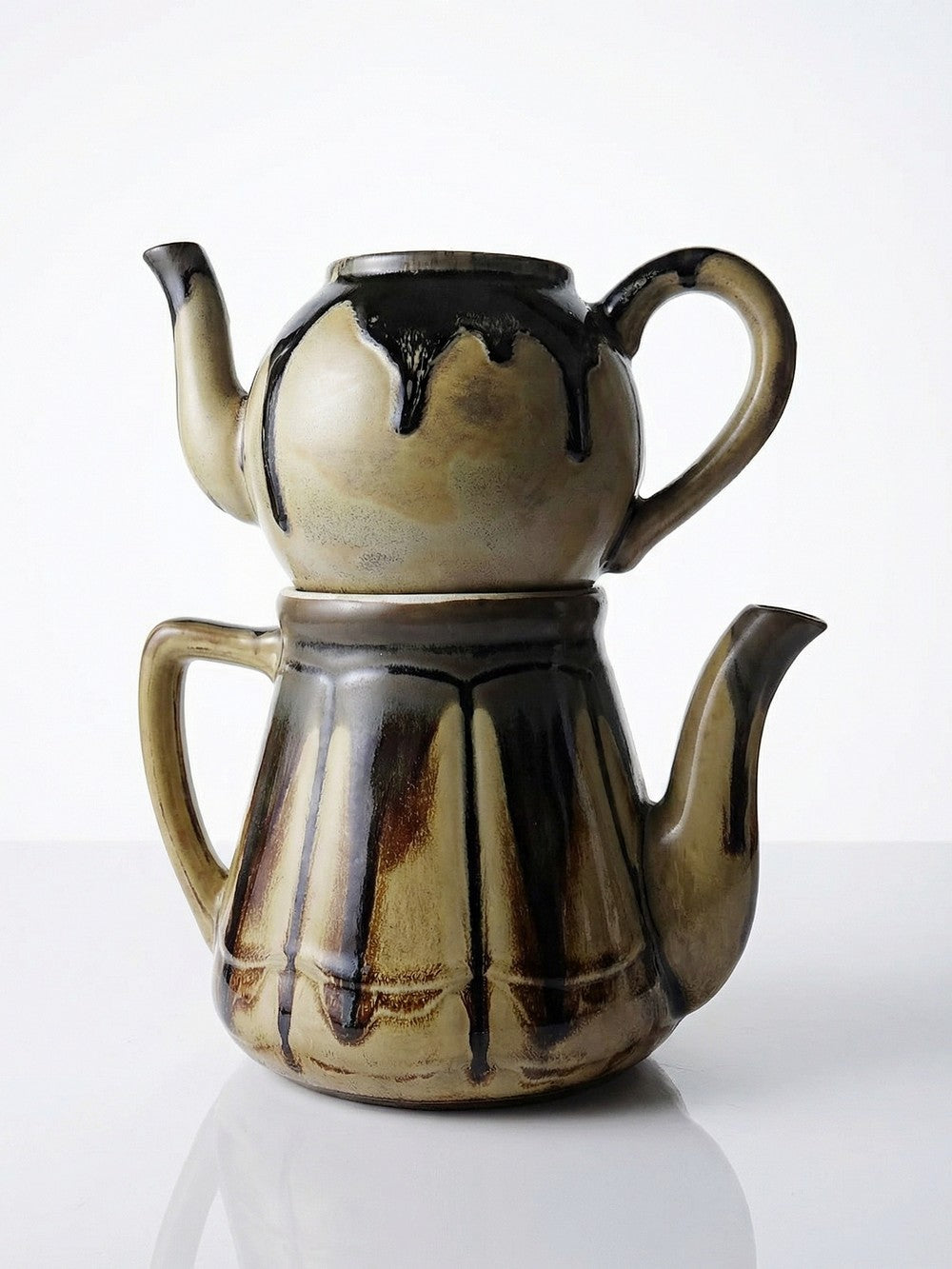 Vintage Teekanne Set von 2 im Stil von Denbac beige braun schwarz Keramik