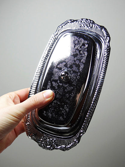 Vintage Butterdose silberfarben aus Edelstahl und Metall, Rococo-Stil, 1960-1980er