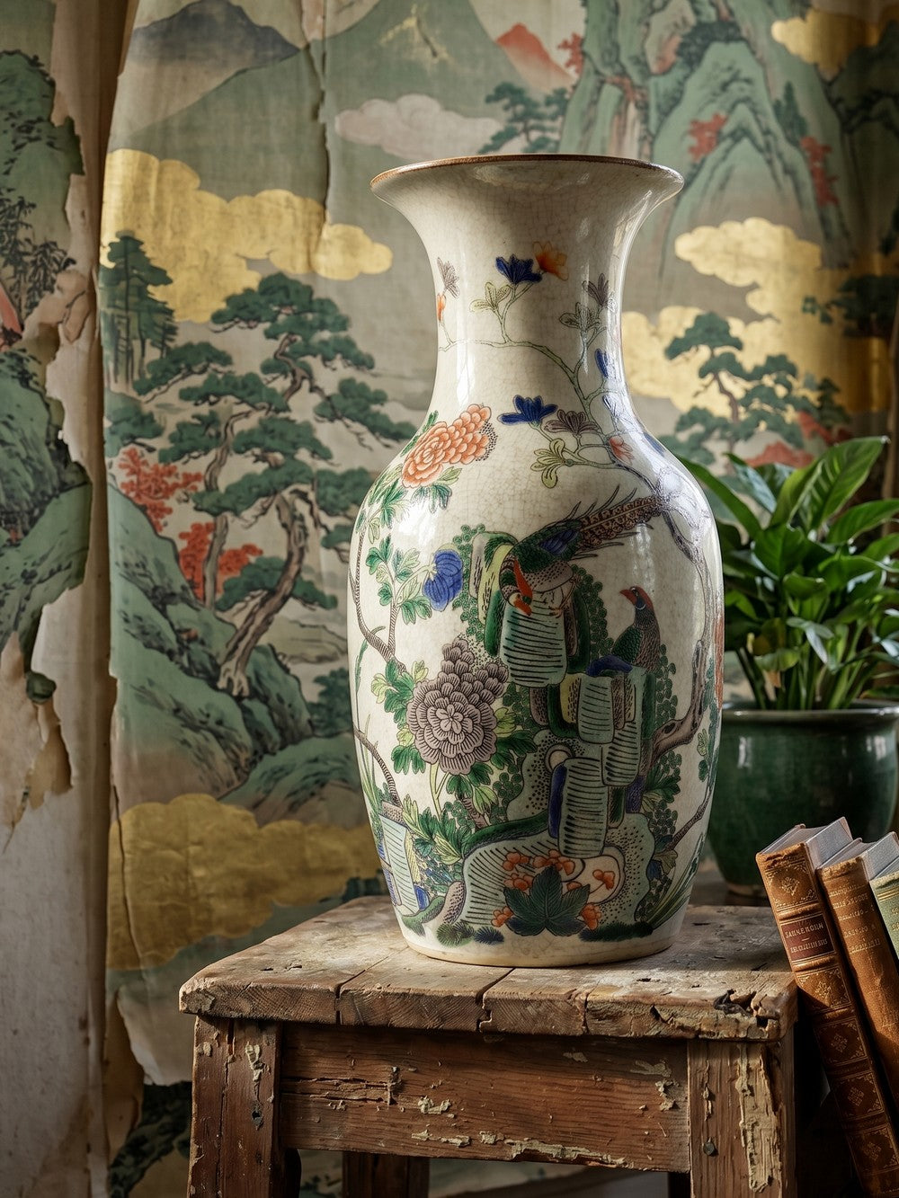 Vintage Vase "Chenghua" aus Porzellansteinzeug mit Craquelé, Famille Verte