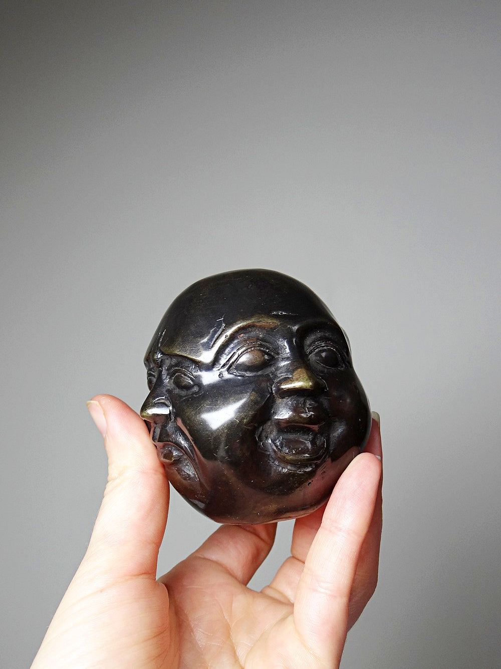 Vintage Buddha Kopf viergesichtig aus patiniertem Messing dunkelbraun gold Asien