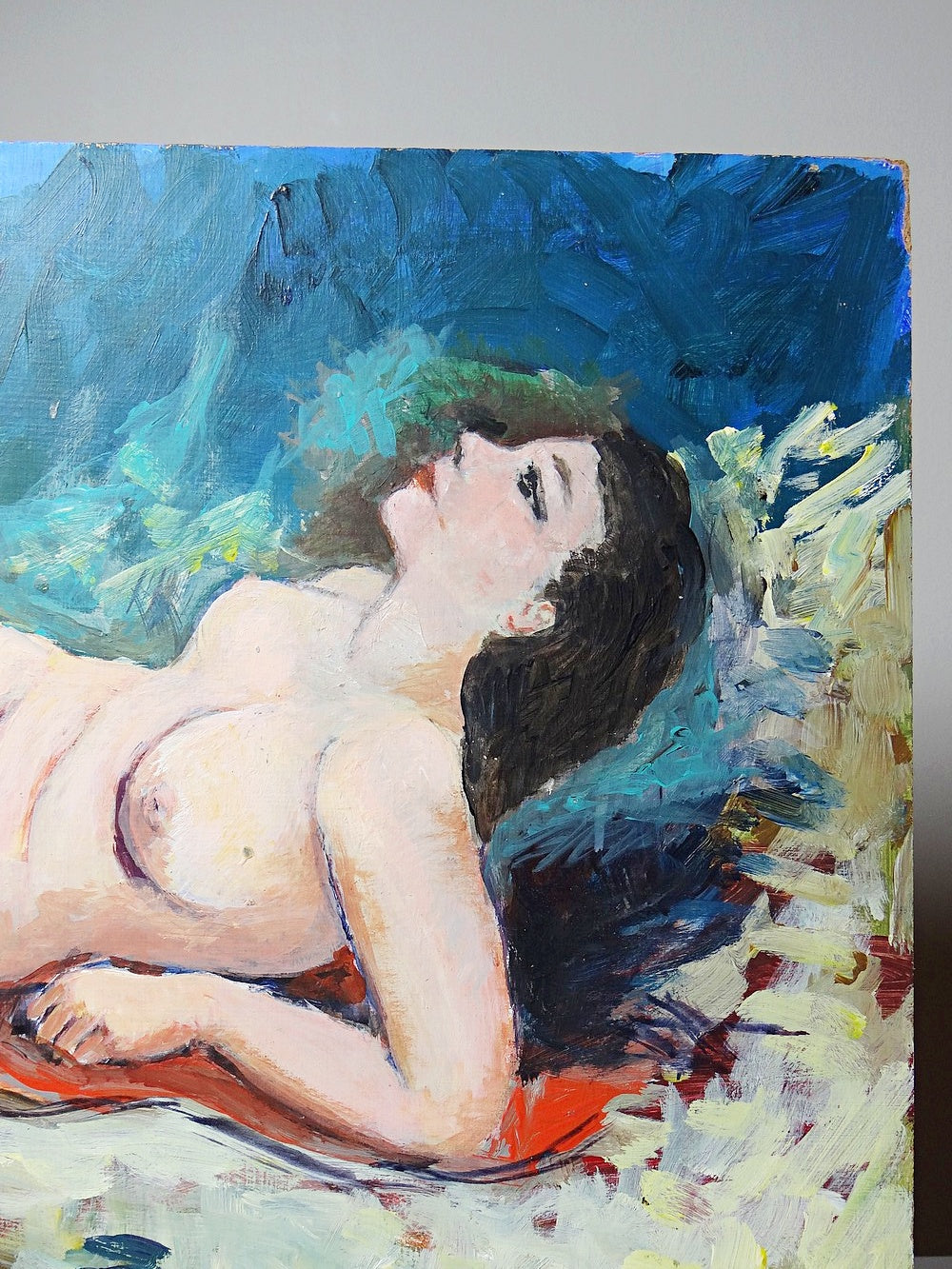 Vintage Gemälde Liegender Frauenakt Öl auf Tafel Blau Rot Grün Hautfarbe