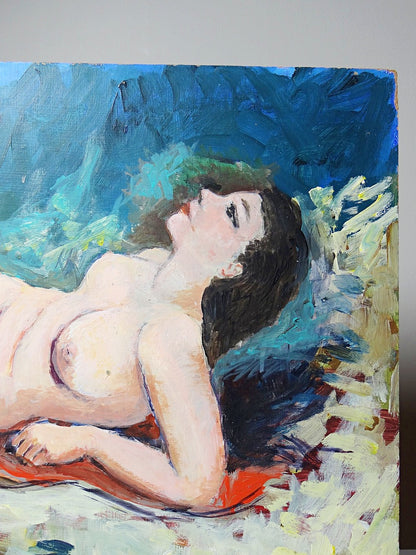 Vintage Gemälde Liegender Frauenakt Öl auf Tafel Blau Rot Grün Hautfarbe