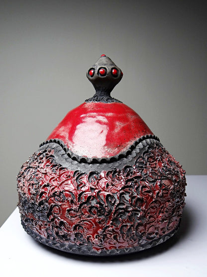 Vintage Schmuckdose RotKunst raku rot grau 2000er