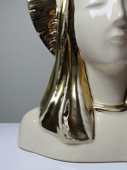 Vintage Büste Madonna mit Heiligenschein aus Keramik, emailliert, Weiß Creme Gold