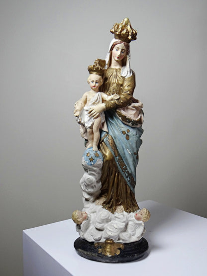 Vintage Religiöse Statue "Notre-Dame des Victoires" aus polychromem Gips