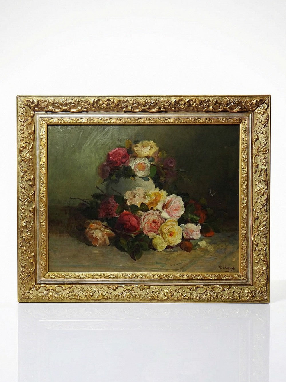 Vintage Gemälde Bouquet of Roses signiert Saubagnol französisch um 1890-1910