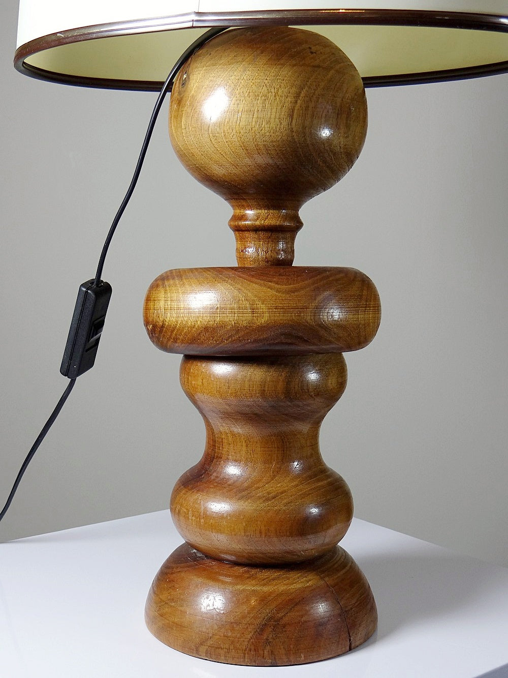 Vintage Tischlampe Holzring beige creme gold braun schwarz