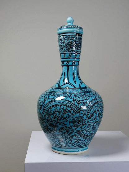 Vintage Vase Iznik Türkis von persisch Schwarzdekor Glasurkeramik