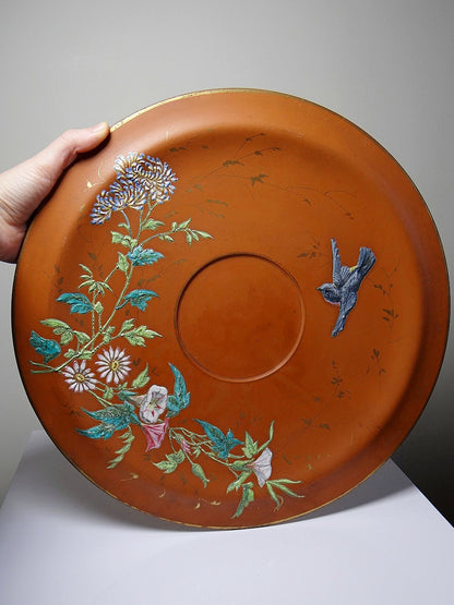 Vintage Servieraccessoire Terrakotta-Schale mit japanischer Jugendstil-Emaille, polychrom-goldig