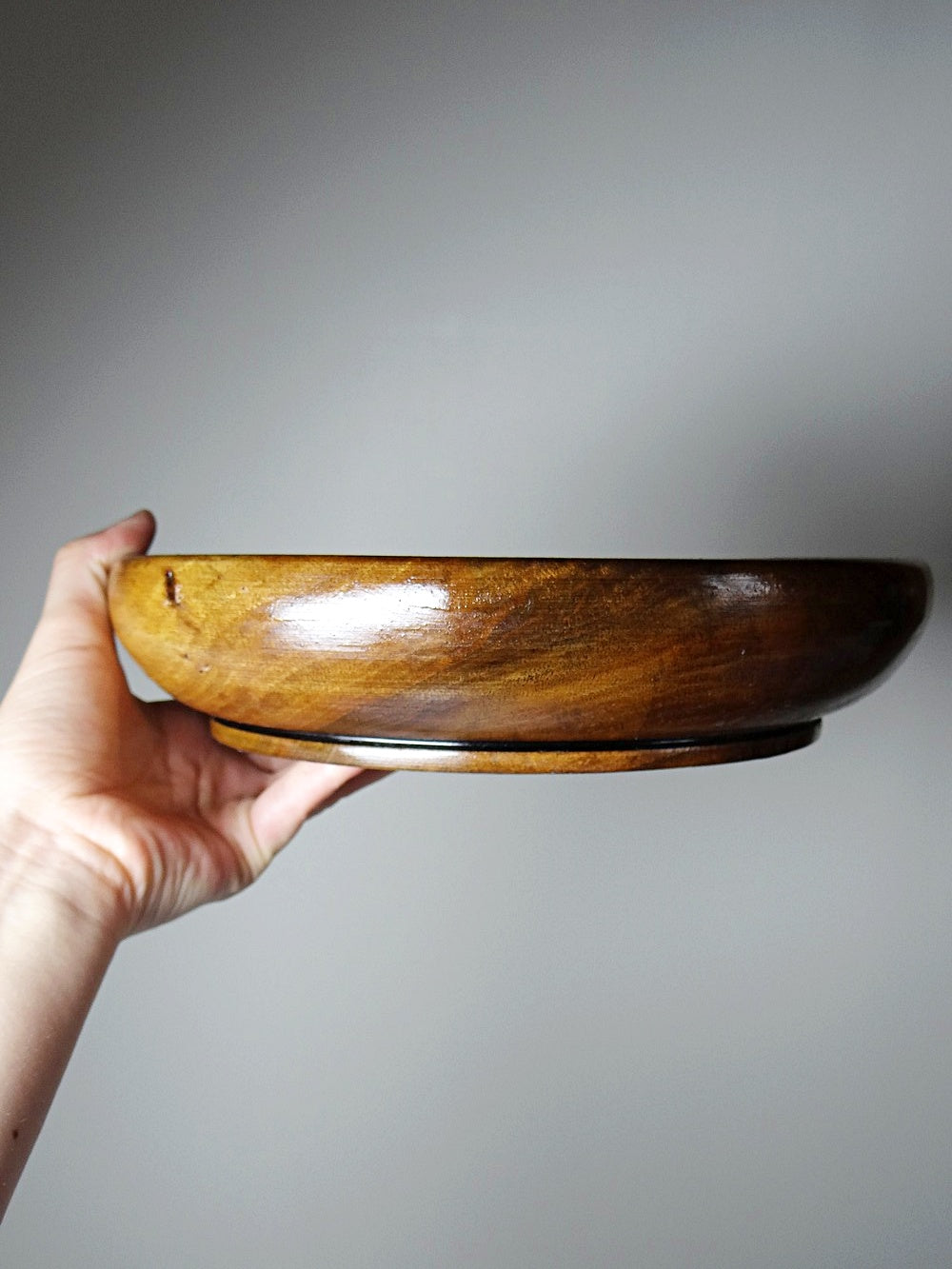 Vintage Holzschale Teak oder Akazie Braune Rille 23 cm Durchmesser 5,3 cm Höhe