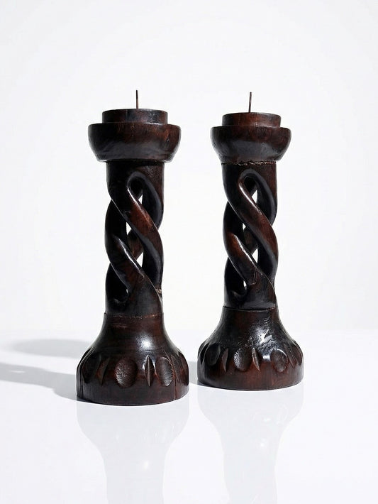 Vintage Kerzenhalter Set von 2 Spiral von Indien Vintage Holz geschnitzt