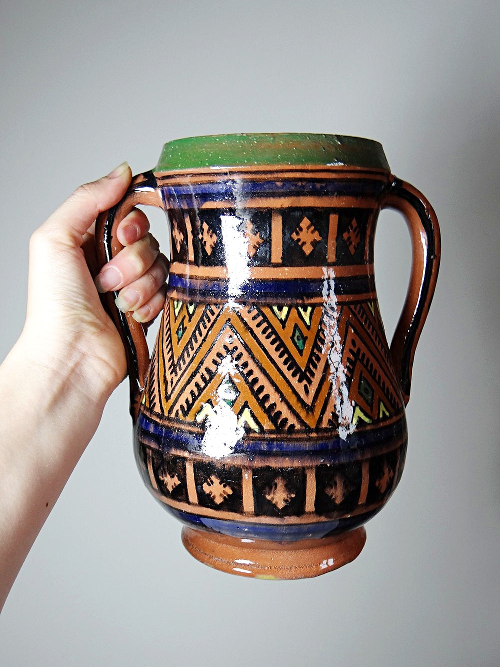 Vintage Vase Safi aus Terrakotta polychrom mit zwei Henkeln