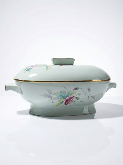 Terrine Vintage Orient de Limoges France en Porcelaine Céladon avec décor floral, bordure dorée