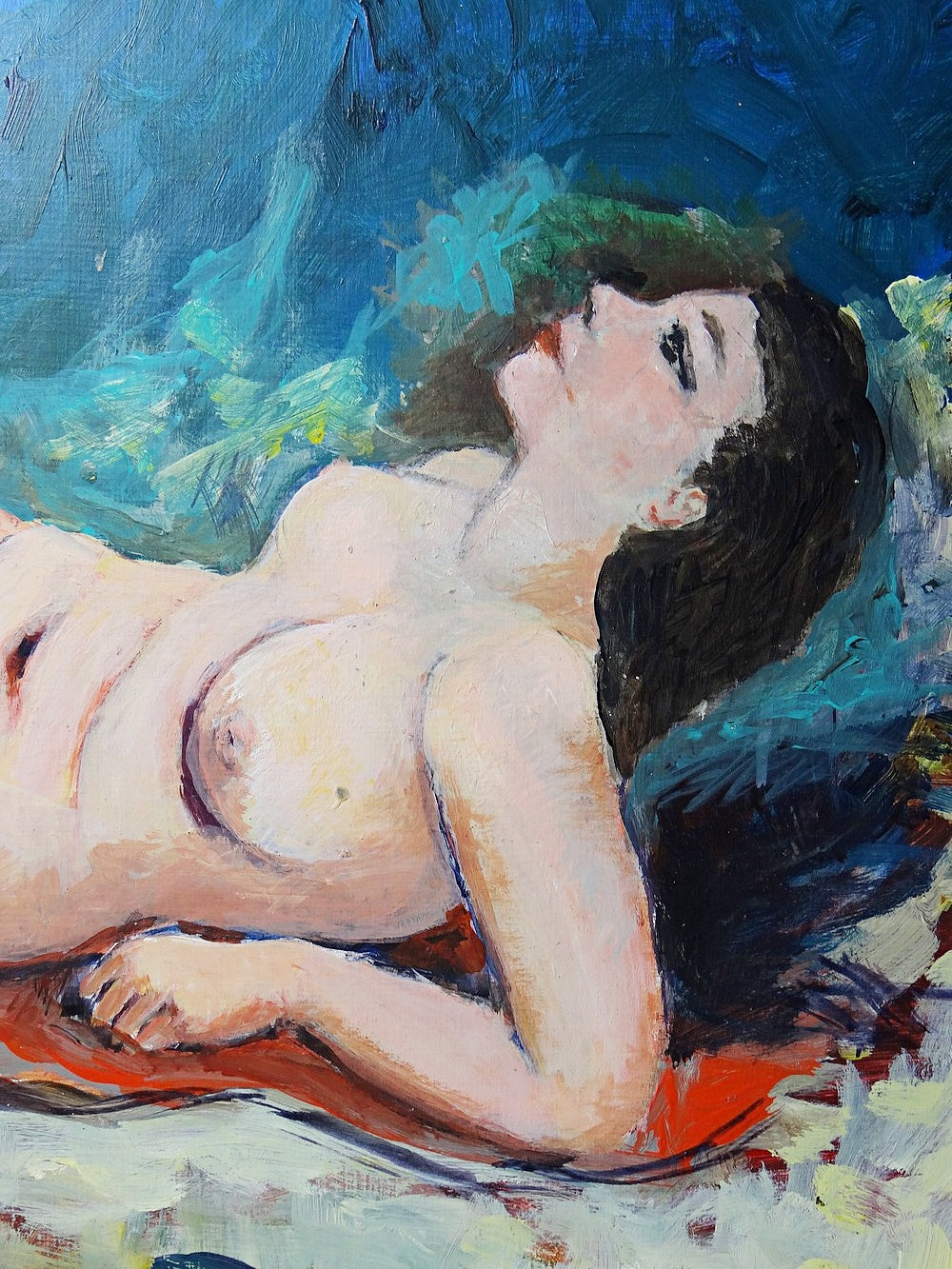 Vintage Gemälde Liegender Frauenakt Öl auf Tafel Blau Rot Grün Hautfarbe