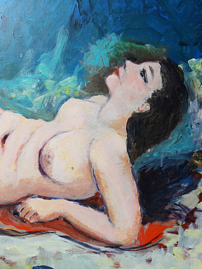 Vintage Gemälde Liegender Frauenakt Öl auf Tafel Blau Rot Grün Hautfarbe