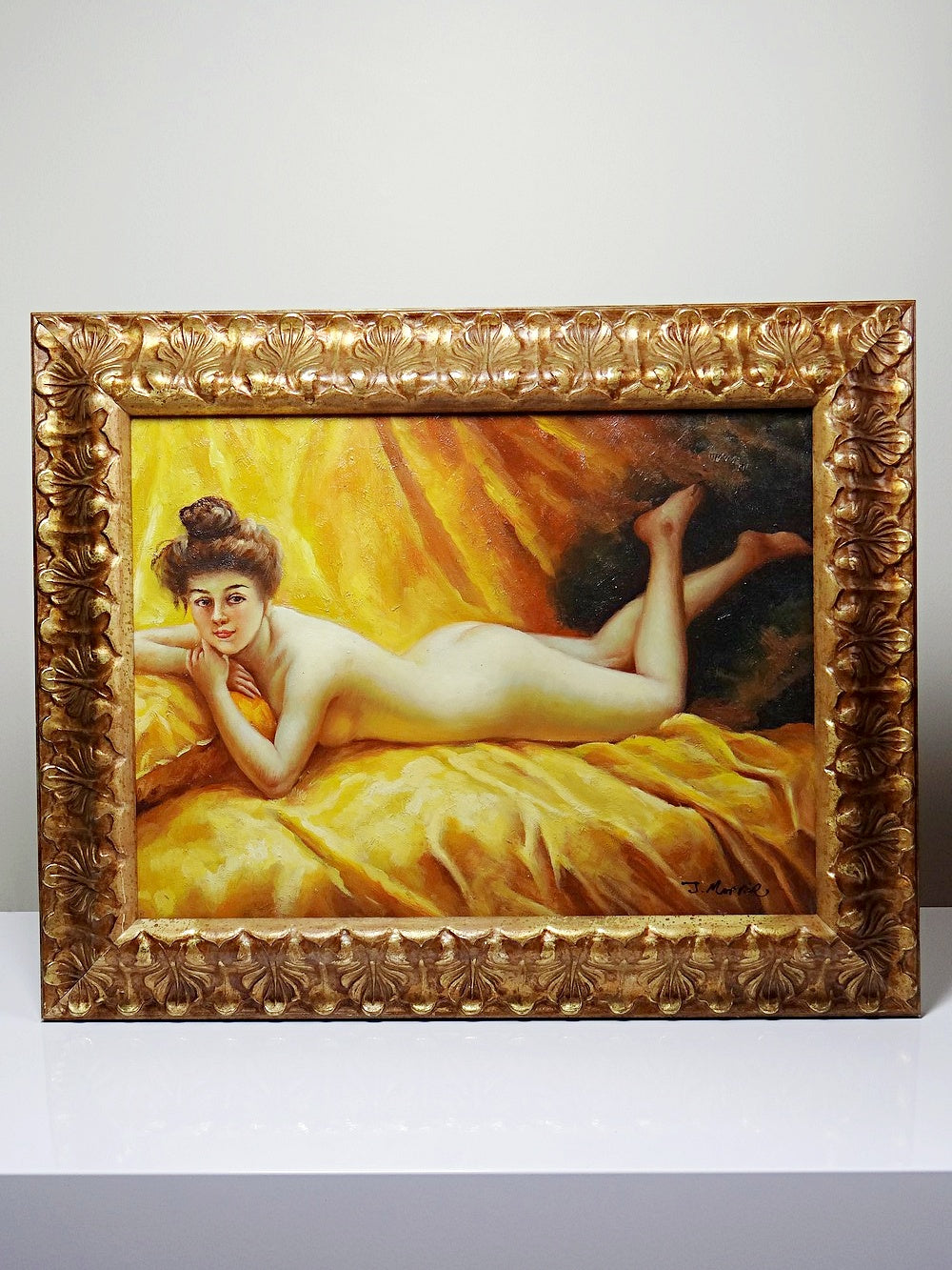 Vintage Gemälde "Nu au coussin" "La paresseuse" von J.Morrie/J.Marrie für Morillo Gelb/Braun