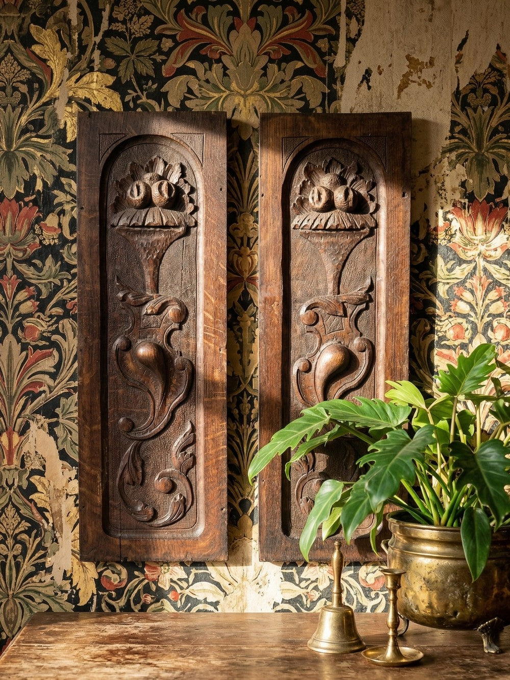 Vintage Wandpaneel Set von 2 dunkelbraun weiß Dekoration Eichenholz