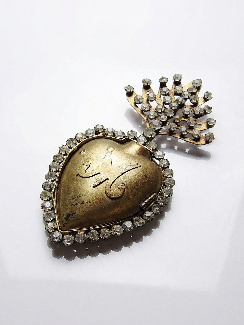 Vintage Dekoration Ex Voto Flammendes Herz der Jungfrau Maria mit Strass