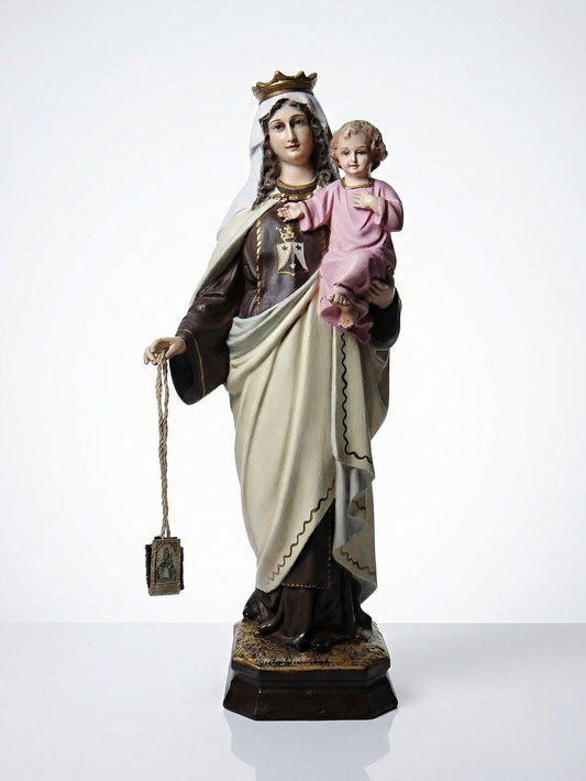 Vintage Stuckstatuette Notre-Dame du Mont Carmel für Ateliers Olot Glasaugen Multicolor