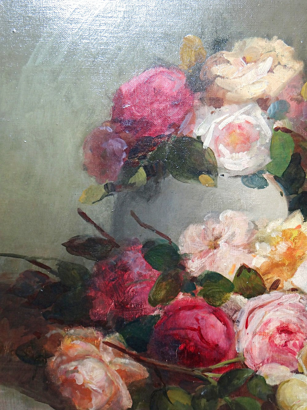 Vintage Gemälde Bouquet of Roses signiert Saubagnol französisch um 1890-1910