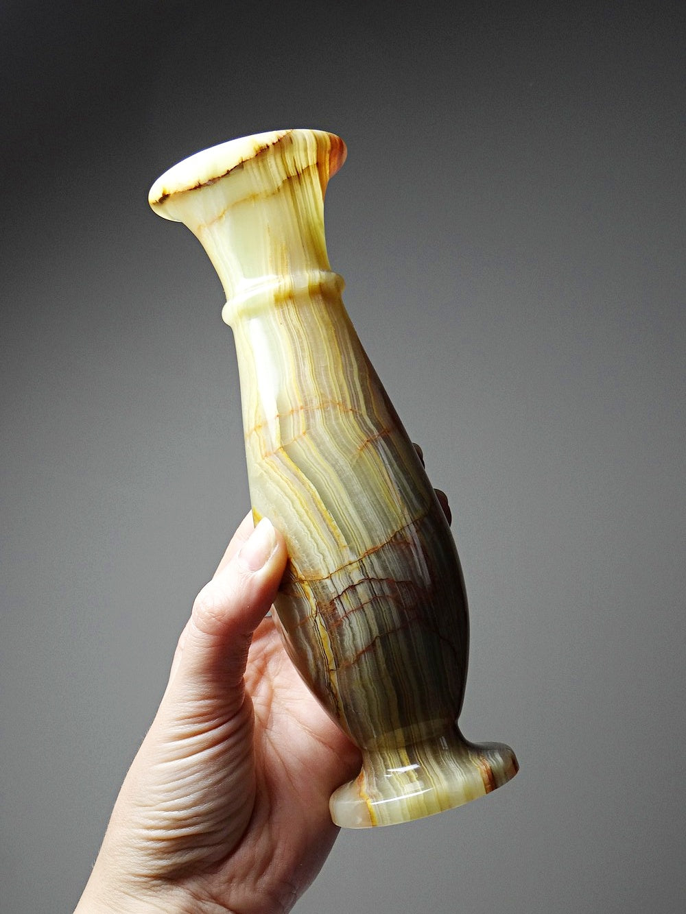 Vintage Vase aus grün gestreiftem Onyx Italien grün beige rost