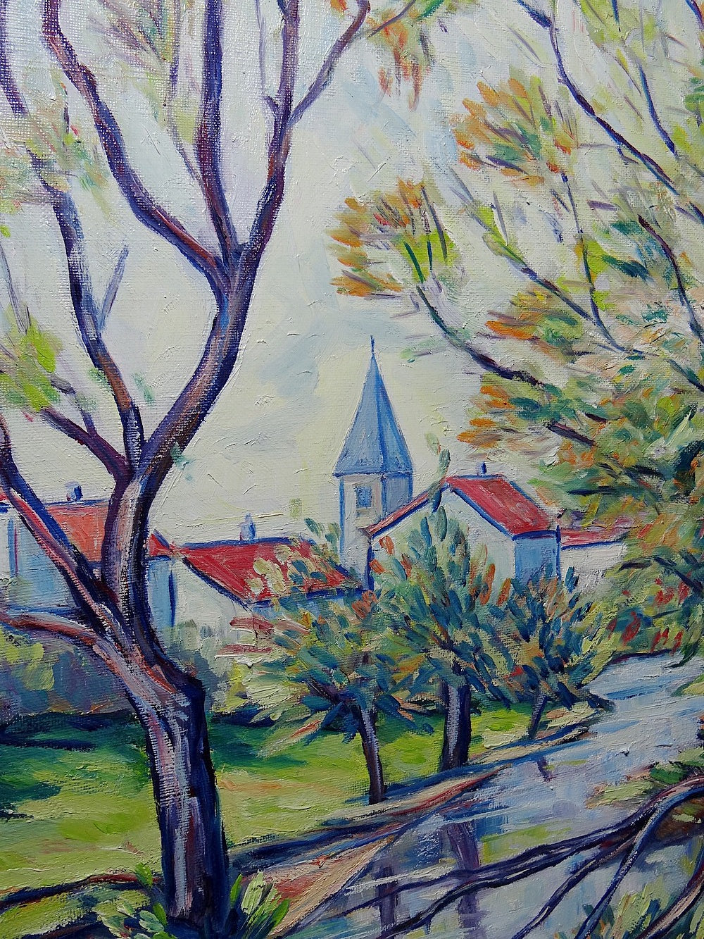 Vintage Gemälde Dorflandschaft von Jacques Gaulot mehrfarbig grün blau braun orange