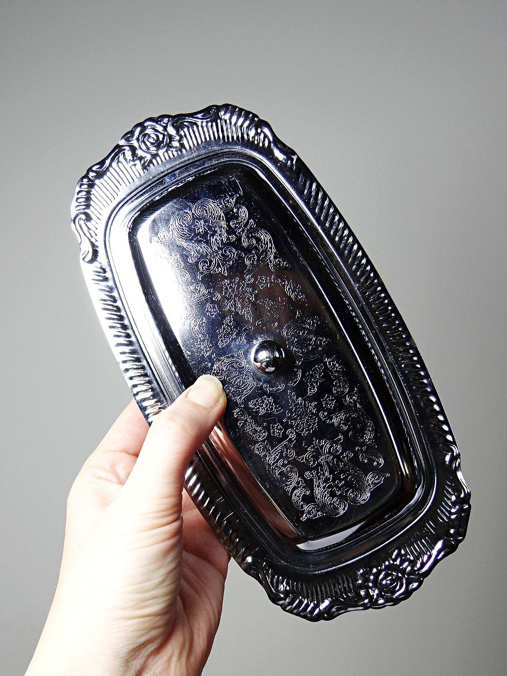 Vintage Butterdose silberfarben aus Metall und Edelstahl, Rococo-Stil 1960-1980er
