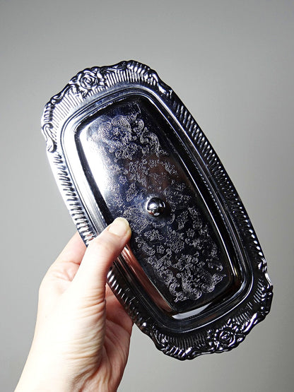 Vintage Butterdose silberfarben aus Metall und Edelstahl, Rococo-Stil 1960-1980er