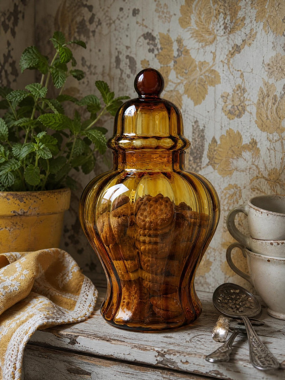 Vintage Bonbonniere aus mundgeblasenem Empoli-Glas, bernsteinfarben, Italien