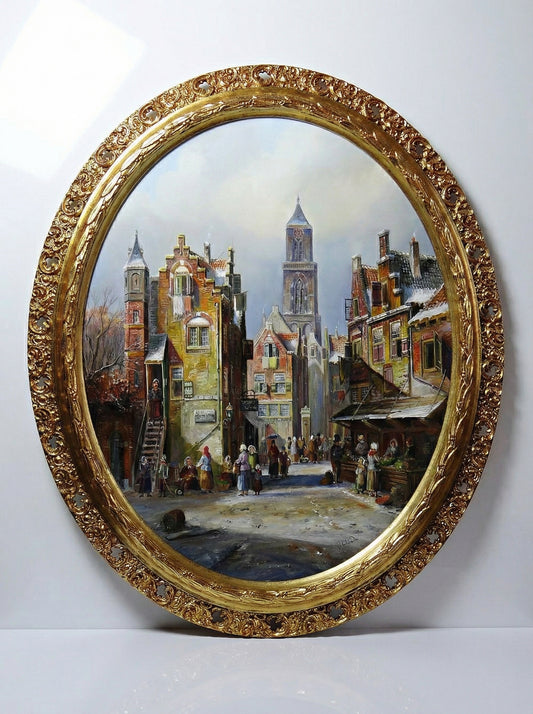 Vintage Gemälde von John Haanstra für MulticolorDekoration, Stadtwinter Szene, Öl auf Holz, gerahmt