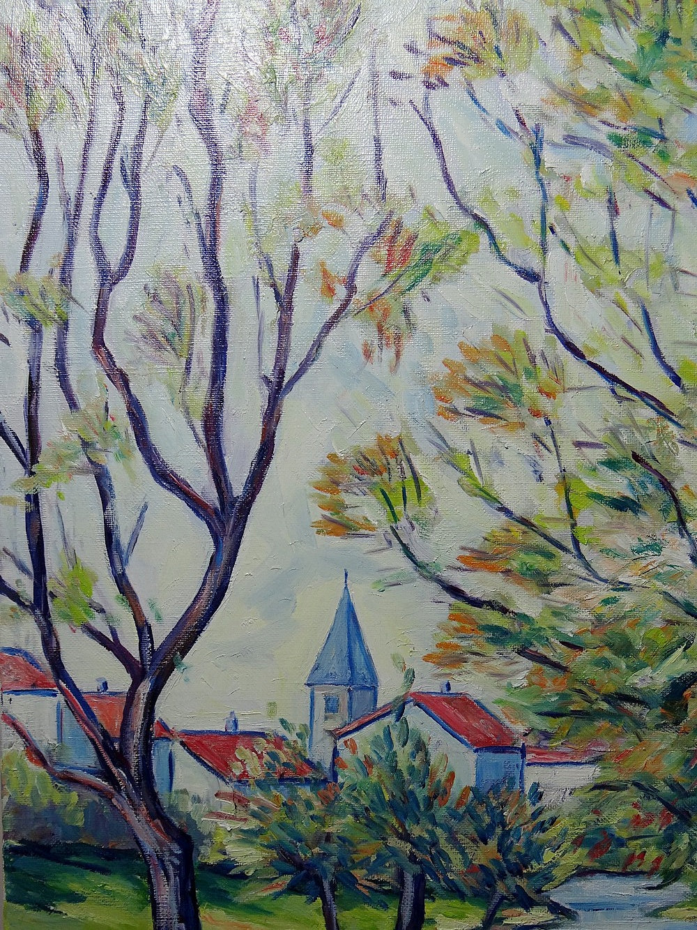 Vintage Gemälde Dorflandschaft von Jacques Gaulot mehrfarbig grün blau braun orange