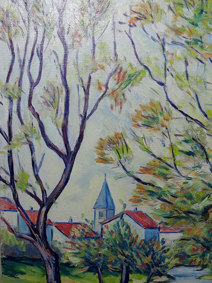 Vintage Gemälde Dorflandschaft von Jacques Gaulot mehrfarbig grün blau braun orange
