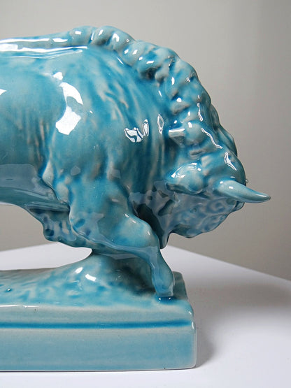 Vintage Bison Skulptur von Zsolnay aus türkis glasierter Keramik