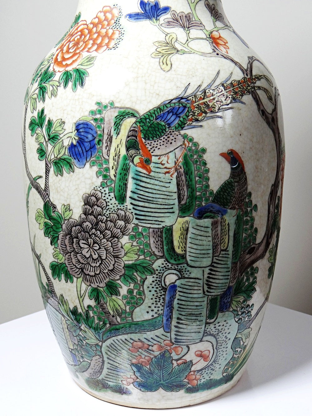 Vintage Vase "Chenghua" aus Porzellansteinzeug mit Craquelé, Famille Verte