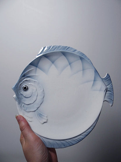Vintage Fischservice aus tschechoslowakischem Steingut, 6 Teller und eine Platte