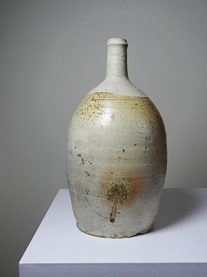 Vintage Steingut Korbflasche aus Puisaye mit Aschelasur