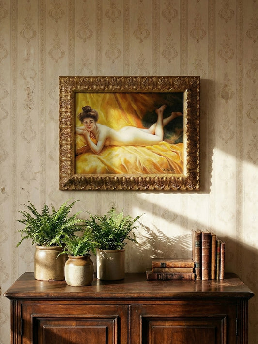 Vintage Gemälde "Nu au coussin" "La paresseuse" von J.Morrie/J.Marrie für Morillo Gelb/Braun