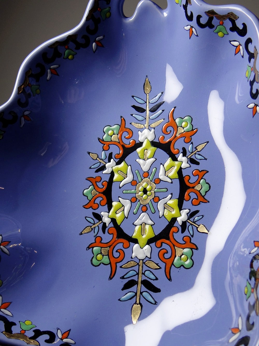 Vintage Schale Châtres von Longwy blau schwarz gold grün weiß orange gelb