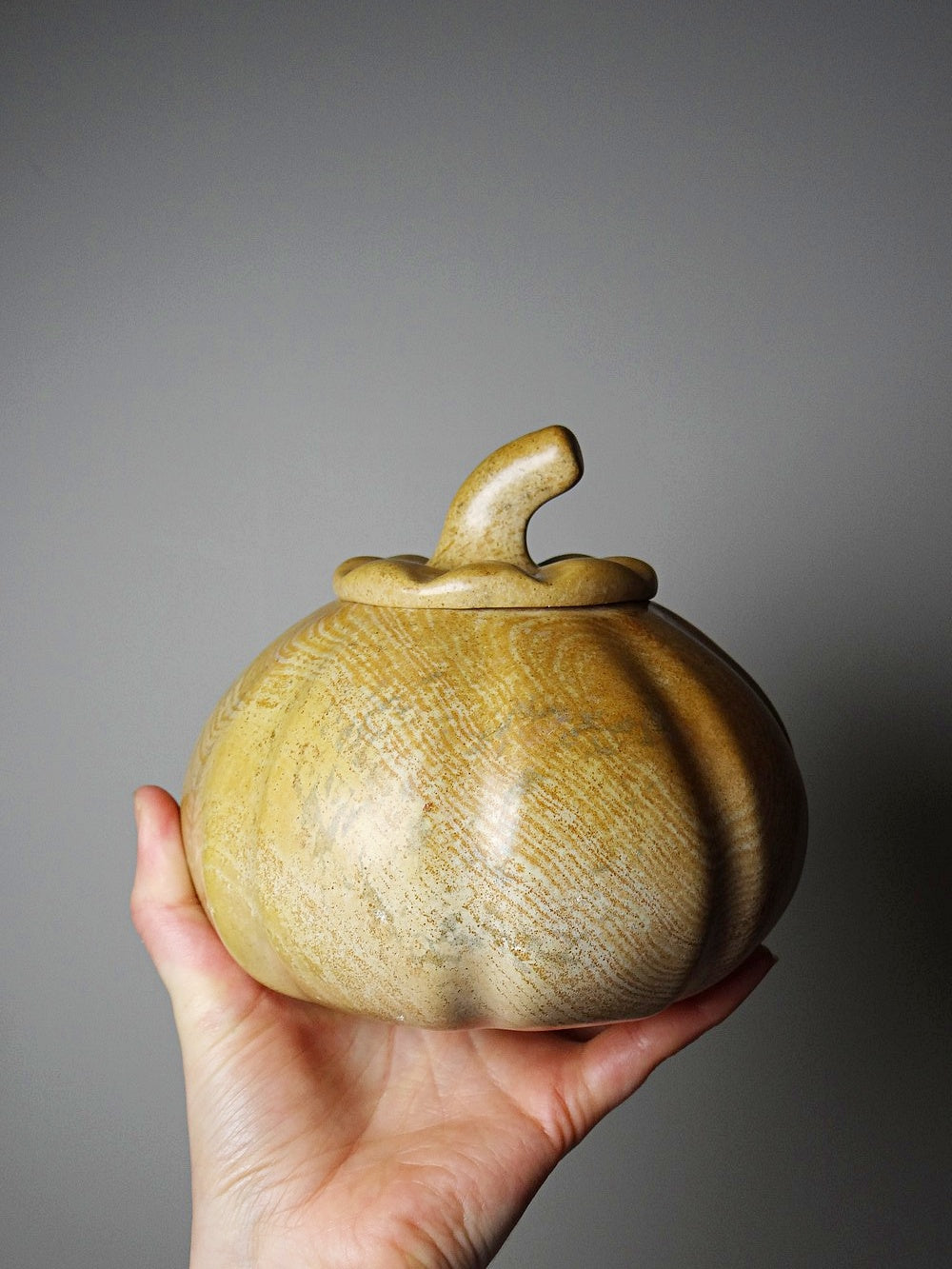Vintage Stein Dose Kürbis aus Speckstein, beige creme honiggold braun