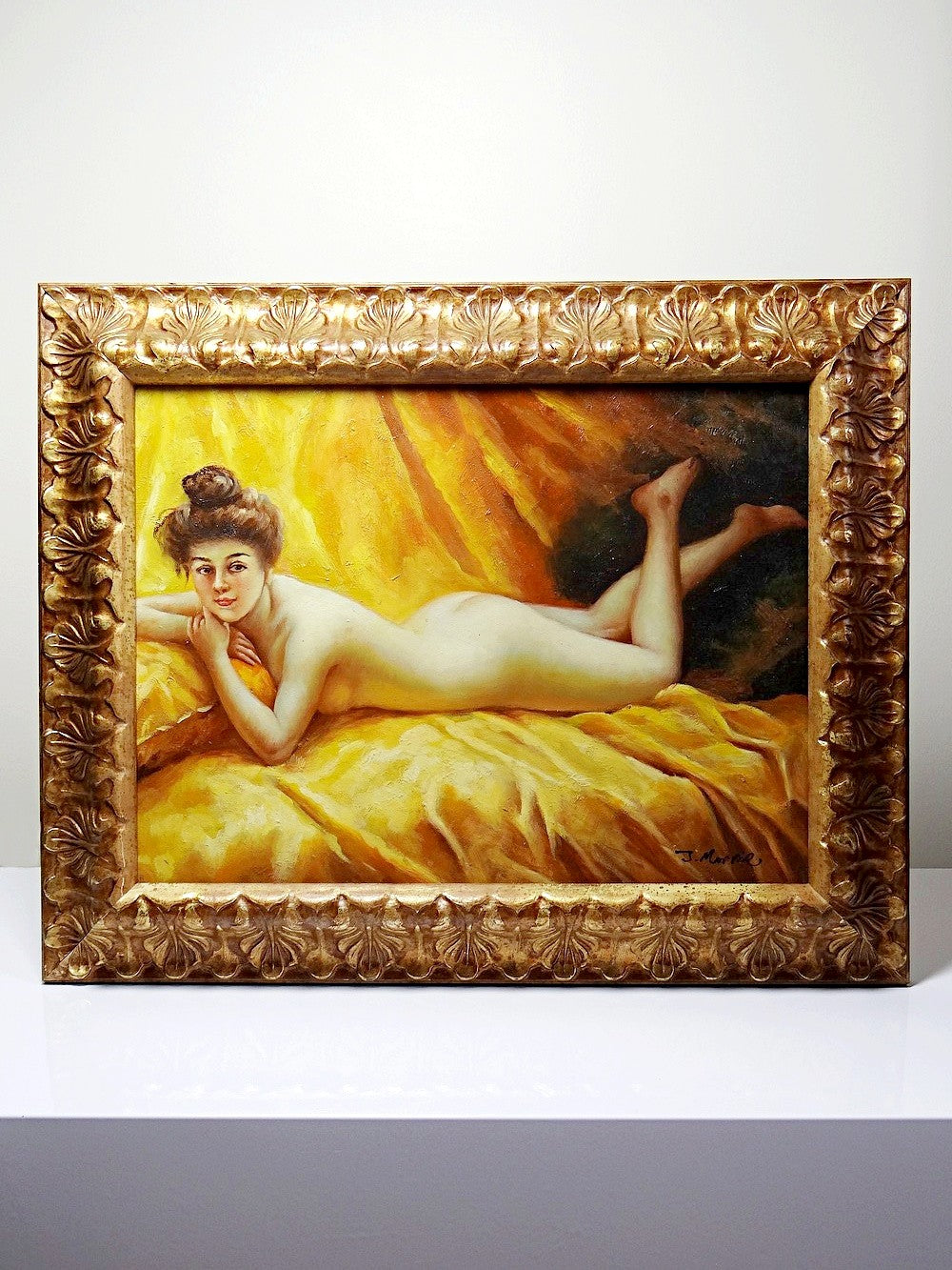 Vintage Gemälde "Nu au coussin" "La paresseuse" von J.Morrie/J.Marrie für Morillo Gelb/Braun