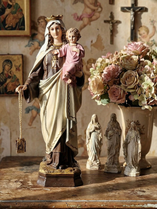 Vintage Stuckstatuette Notre-Dame du Mont Carmel für Ateliers Olot Glasaugen Multicolor