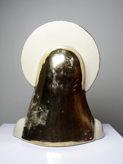 Vintage Büste Madonna mit Heiligenschein aus Keramik, emailliert, Weiß Creme Gold