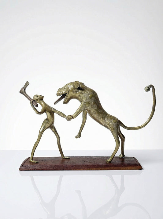 Vintage Bronzeskulptur "Le chasseur et la bête" aus Dahomey, Benin, Afrika