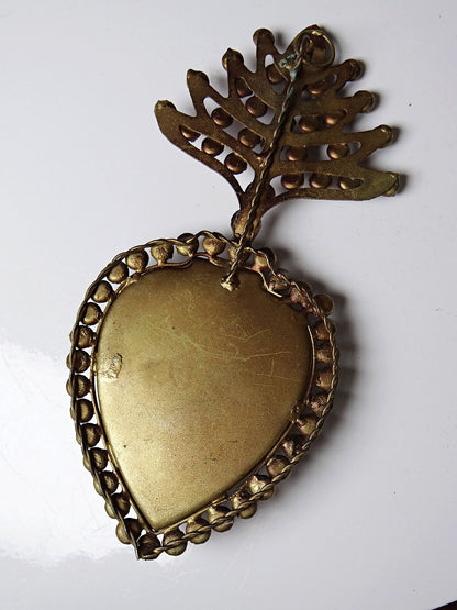 Vintage Dekoration Ex Voto Flammendes Herz der Jungfrau Maria mit Strass