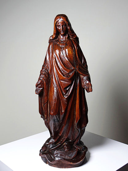 Vintage Skulptur Immaculée Conception Holz geschnitzt Unbefleckte Empfängnis Braun Bordeaux